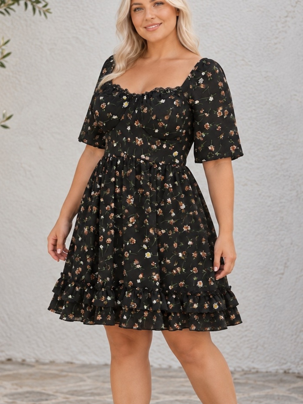 Black Ditsy Floral Lace Trim Ruffle Hem Mini Dress Cottagecore